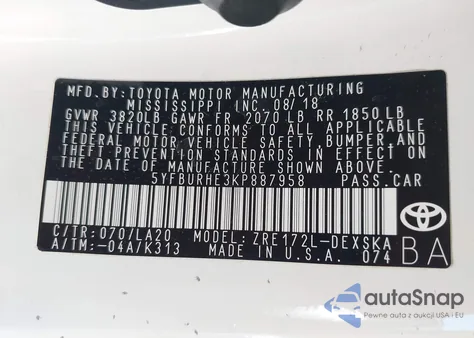 2019 Toyota Corolla Xse из США, поврежденный, VIN 5YFBURHE3KP887958